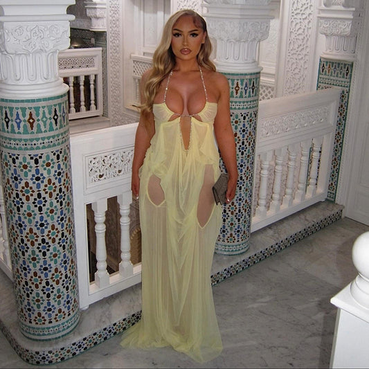 MB1530 Women's Sheer Mesh Halter Neck Cut Out Maxi Dress