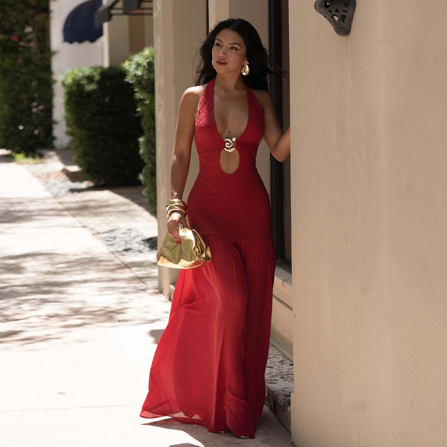 MB1613 Halter Neck Cutout Maxi Dress with Gold Accent