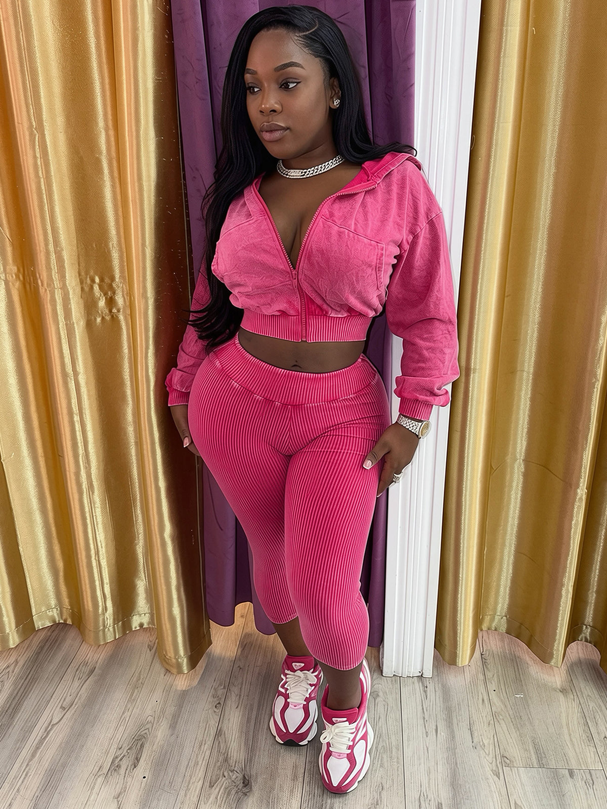 MB1734 Washed Ribbed Cropped Hoodie & Scrunch‑Butt Capri Leggings 2‑Piece Set