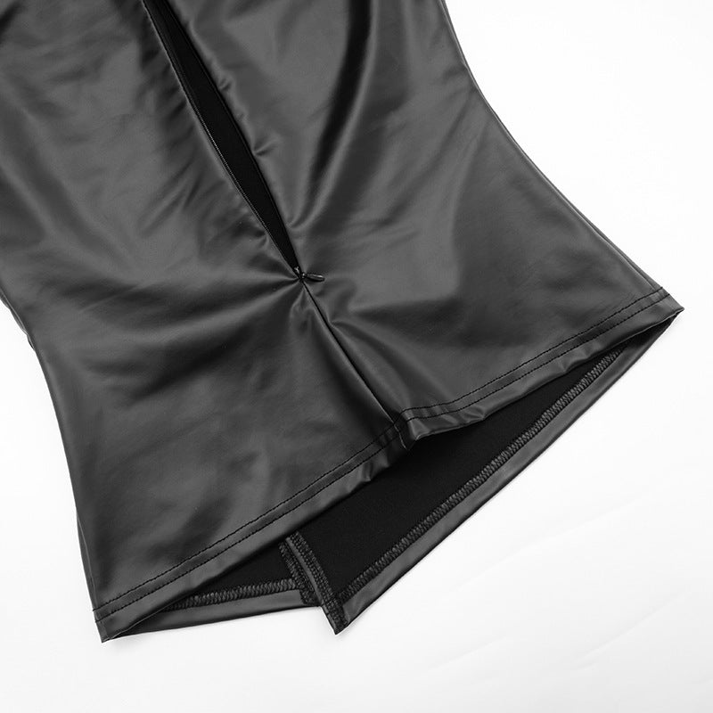 MB10122 Faux Leather Long Sleeve Split Top & High Waist Shorts