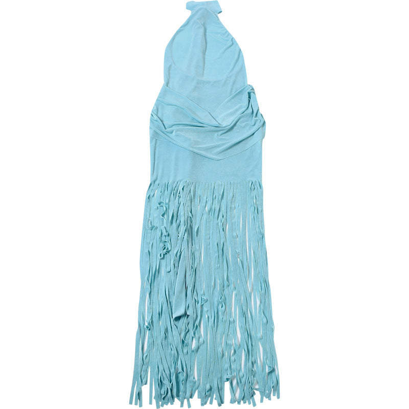 MB1158 Women's Halter Neck Maxi Dress with Long Fringe Tassels