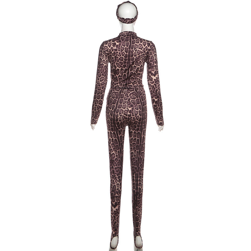 MB1824 Leopard Print Top & Leggings 2 Piece Set with Headband for Women