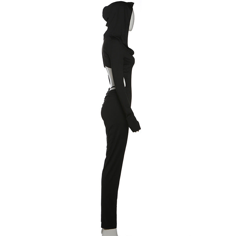 MB1125 Black Skinny Hooded Long Sleeve Jumpsuit