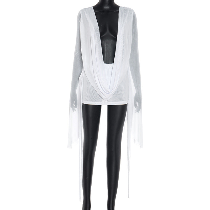 MB1031 Women's Mesh Backless Dress with Draped Neckline