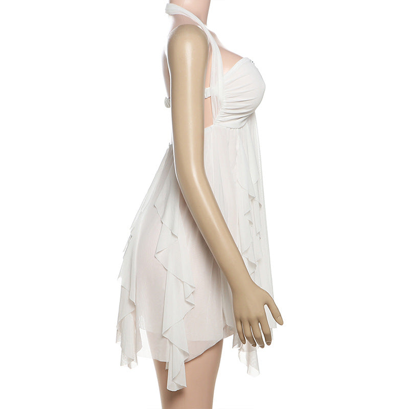 MB1113 Sexy Halter Backless Mini Dress with Ruffled Hem