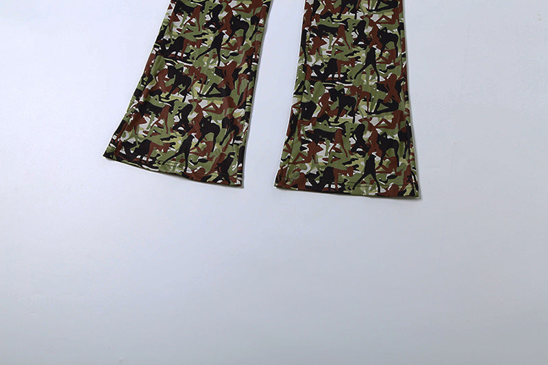 MB1165 Camouflage Print Hooded 2 Piece Outfit | Flare Pants & Zip-Up Tracksuit