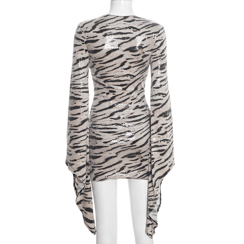 MB1427 Snake Print Sequin Mini Dress with Flared Bell Sleeves