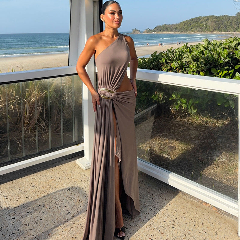 MB1157 Taupe One Shoulder Cutout Maxi Dress