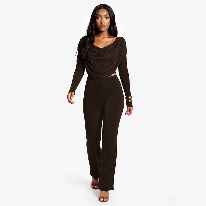 MB1066 Women's Cowl Neck Top &  Wide Leg Pants Two-Piece Set