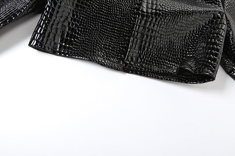 MB1108 Crocodile Print PU Leather Cropped Jacket for Women