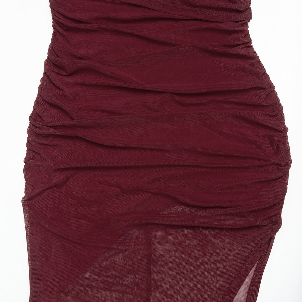 MB1320 One-Shoulder Mesh Long Sleeve Ruched Maxi Dress