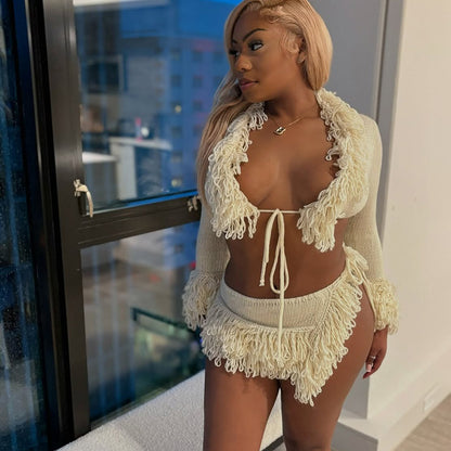 MB1022 Fringed Knit Set with Mini Skirt