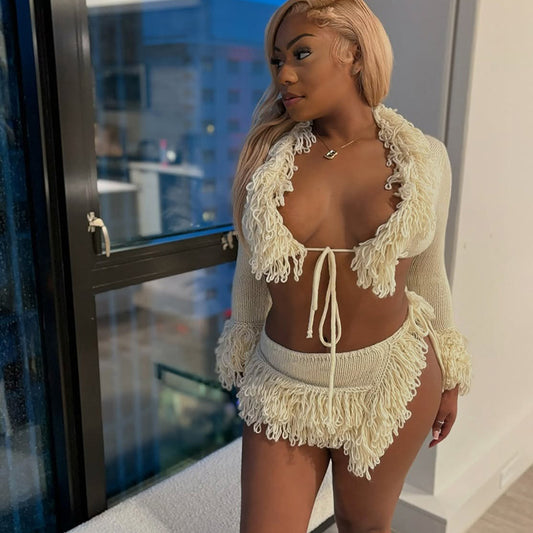 MB1022 Fringed Knit Set with Mini Skirt