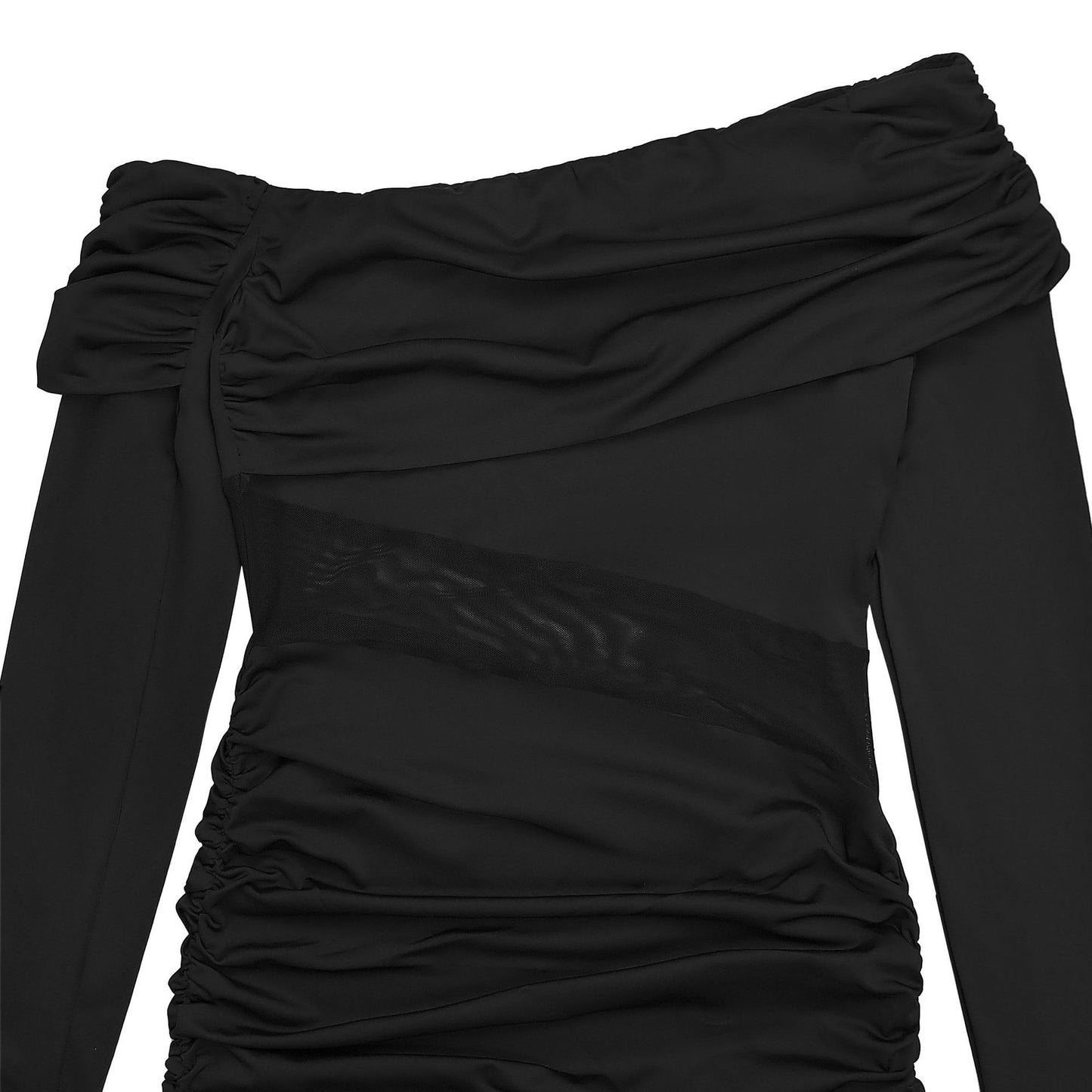 MB1614 Off-the-Shoulder Mesh Cutout Ruched Maxi Dress with Slit