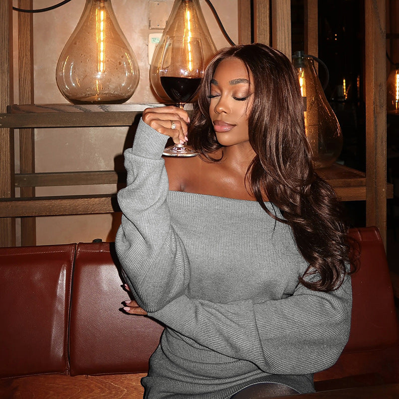 MB1441 Off Shoulder Knit Mini Dress with Tie Waist and Balloon Sleeves