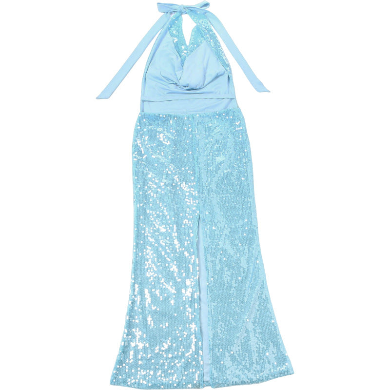 MB1149 Women’s Light Blue Halter Neck Sequin Maxi Dress