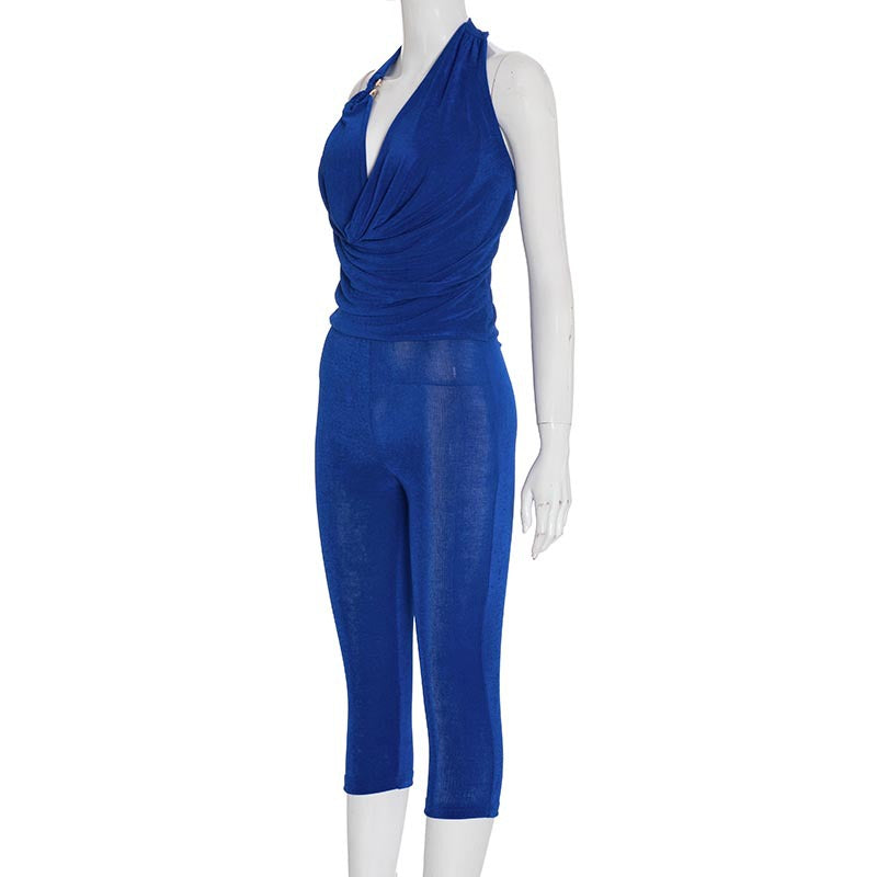 MB1055 Women's Draped Neck Top and Skinny Pants Two-Piece Set