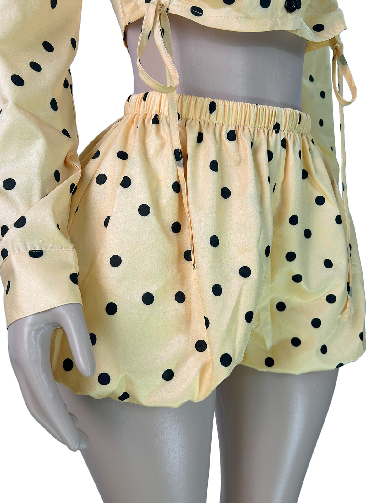 MB1730 Polka‑Dot Ruched Crop Shirt & Puffy Shorts 2‑Piece Set