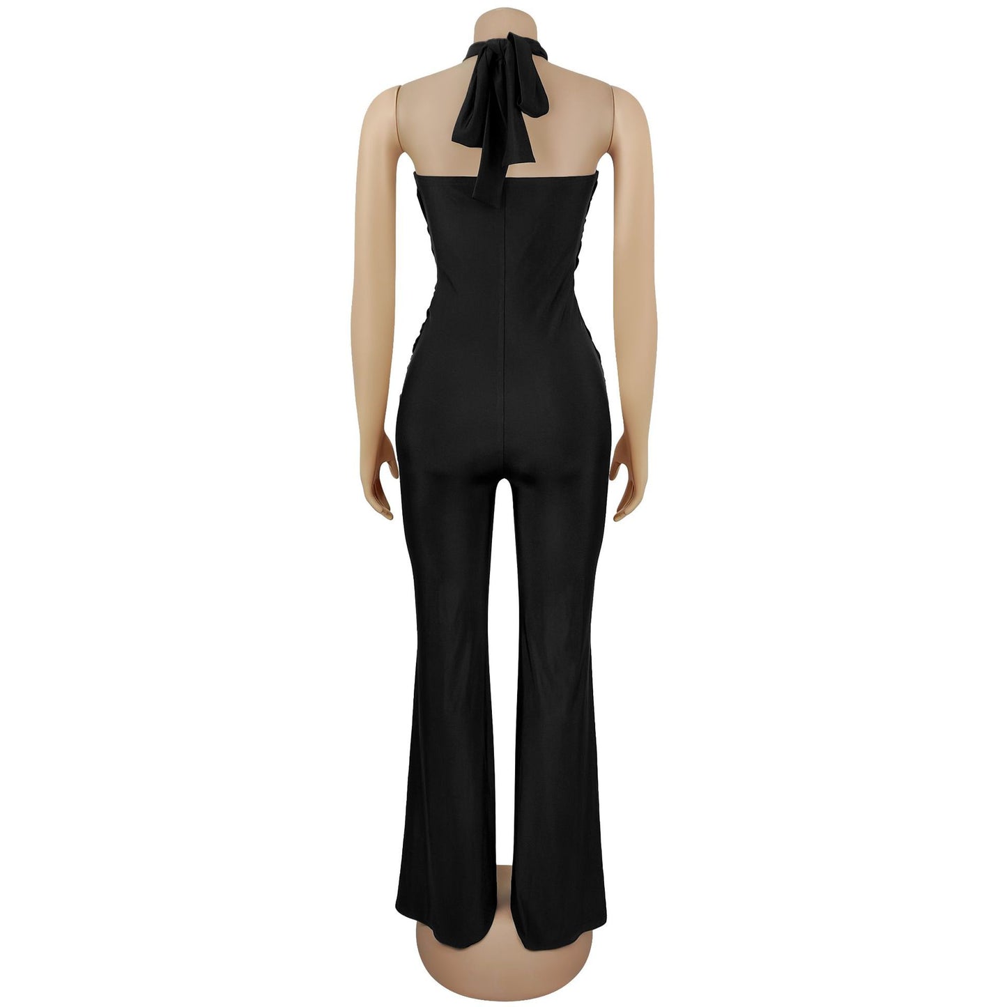 MB1603 Halter Formal Jumpsuit - Cutout Chest Crisscross Ruched Flared Leg