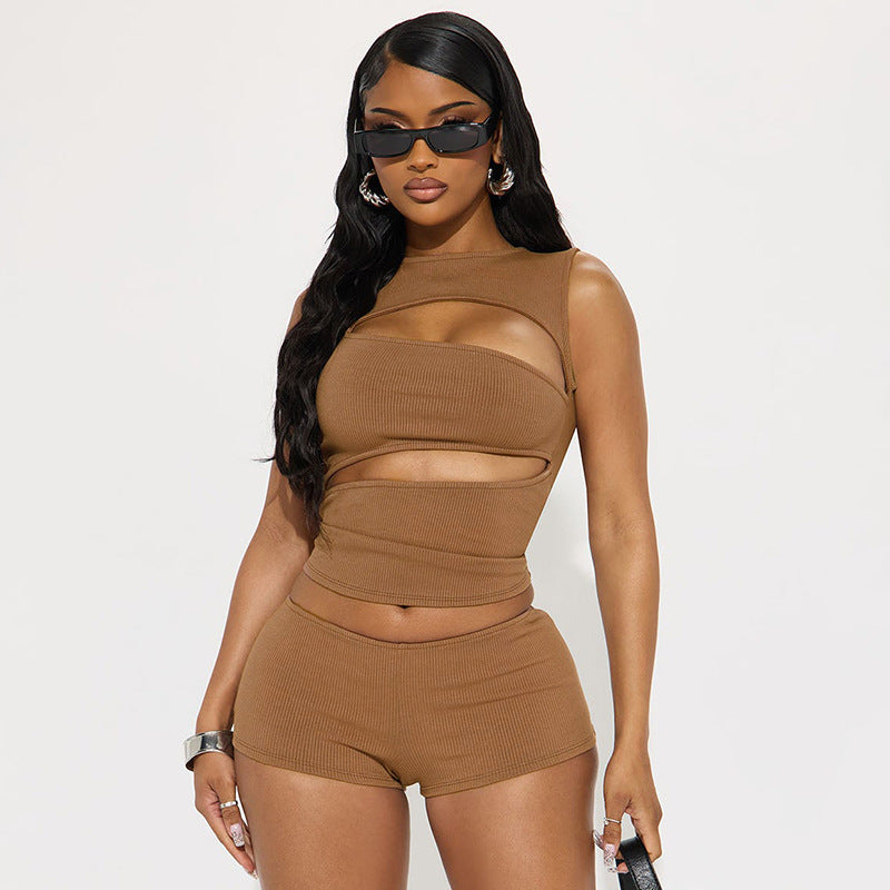 MB10165 Ribbed Cutout Sleeveless Crop Top & Mini Shorts 2 Piece Outfit | Women Solid Color Matching Loungewear Set