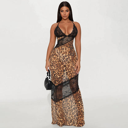 MB1028 Leopard Print Lace Trim Maxi Dress