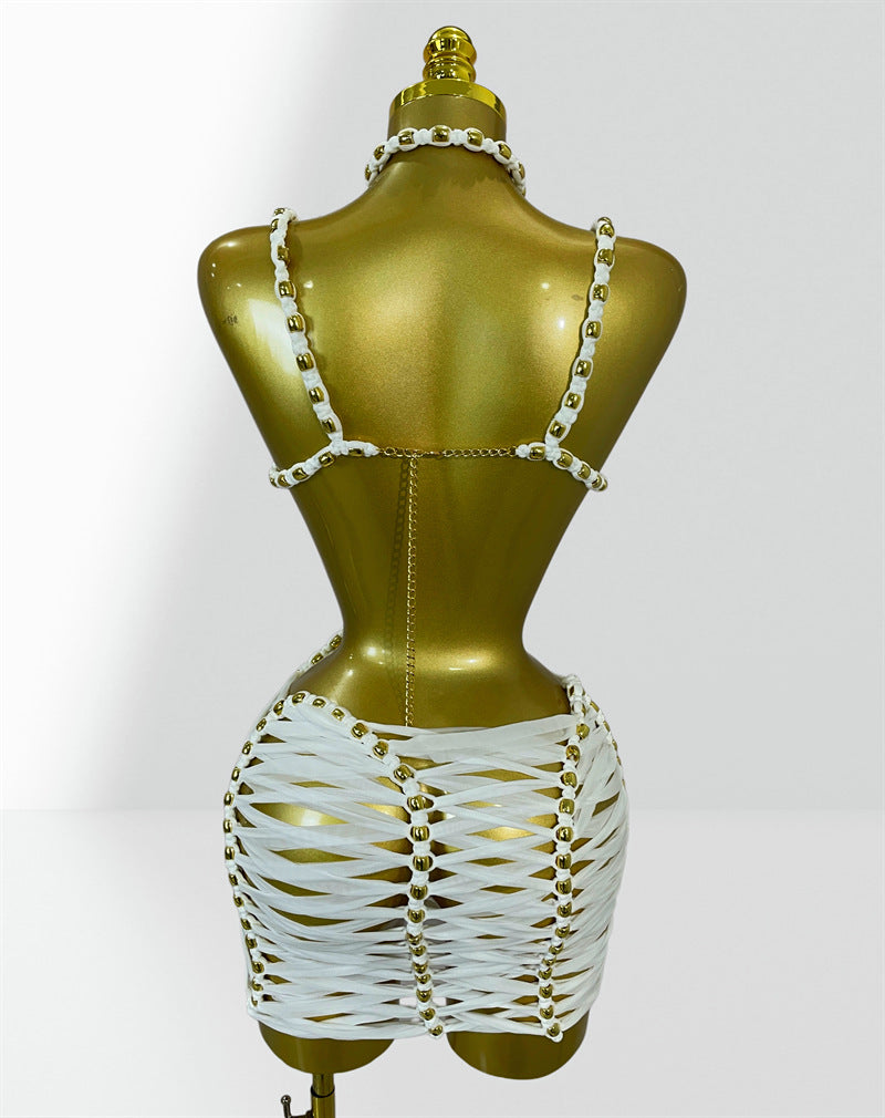 MB2101 Beaded Halter Dress, Beach Vacation Party Performance Evening Gown