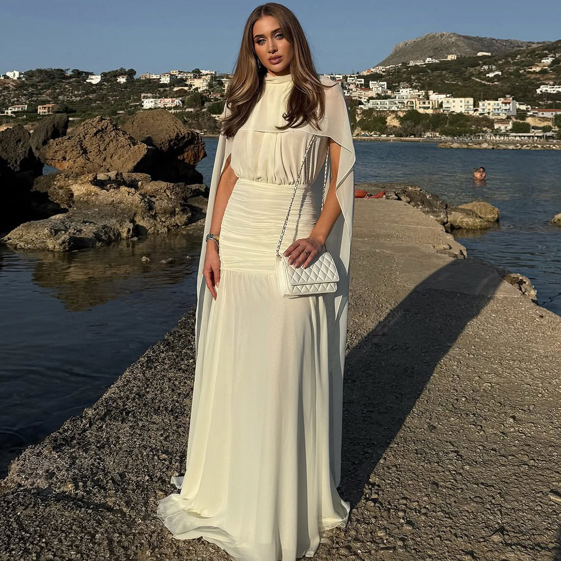 MB1121 Cape Back Ruched Maxi Dress