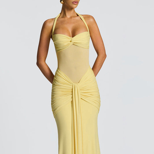 MB1816 Women's Sheer Mesh Halter Ruched Mermaid Maxi Dress