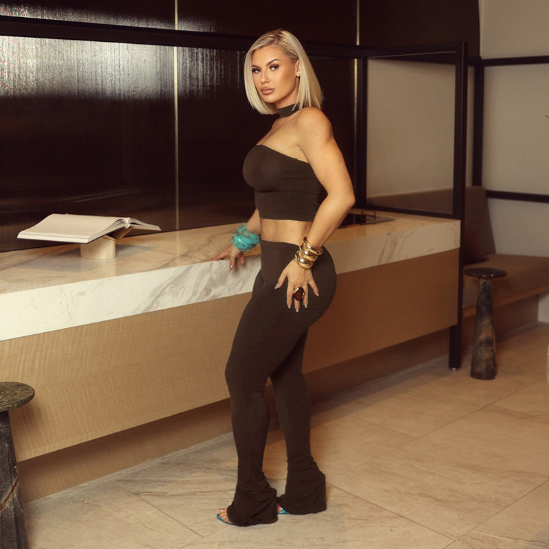 MB10148 Women's Choker Neck Crop Top & High Waist Flared Leggings 2 Piece Set