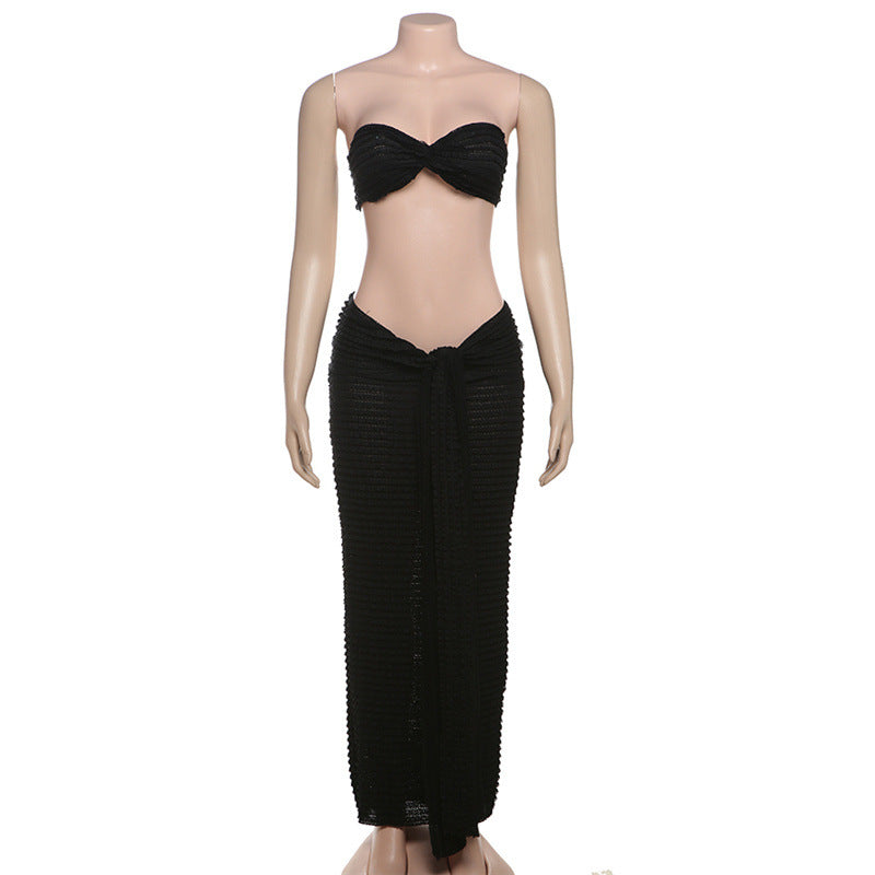 MB1835 Women's Ruched Knit Wrap Front Two Piece Maxi Skirt Set