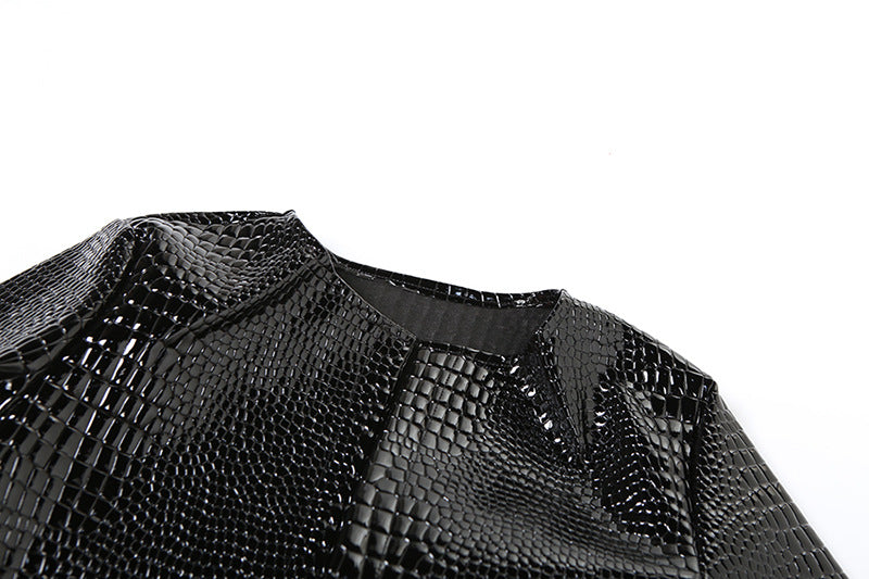 MB1108 Crocodile Print PU Leather Cropped Jacket for Women