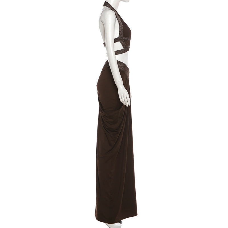 MB1159 Women's Brown Cut Out Crop Top with High Waisted Maxi Skirt 2 Piece Set