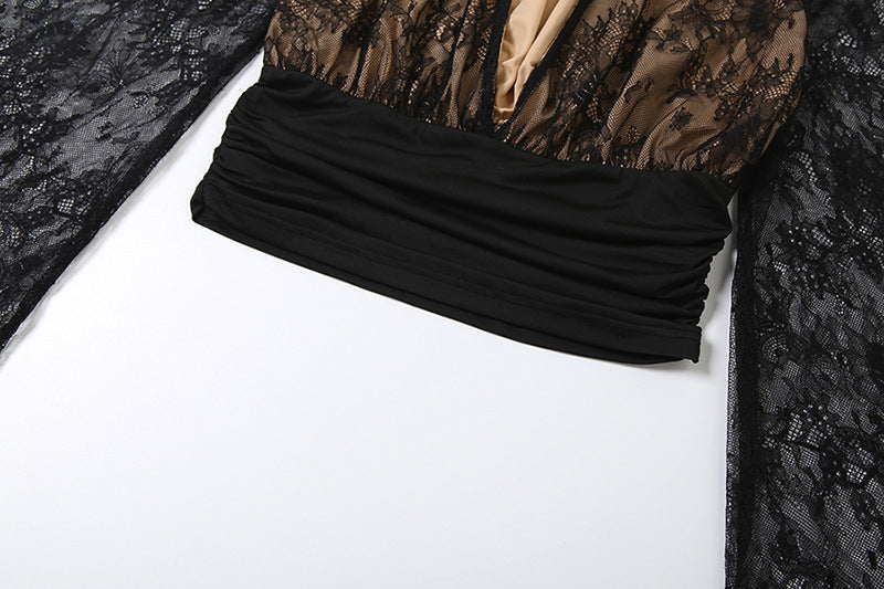 MB1141 Black Sheer Deep V Crop Top & Mini Skirt for Women