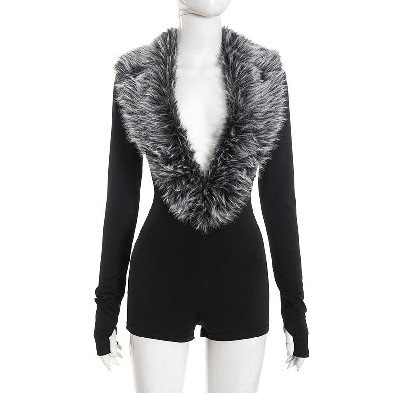 MB10131 Women's Black Faux Fur Collar Long Sleeve Bodycon Romper
