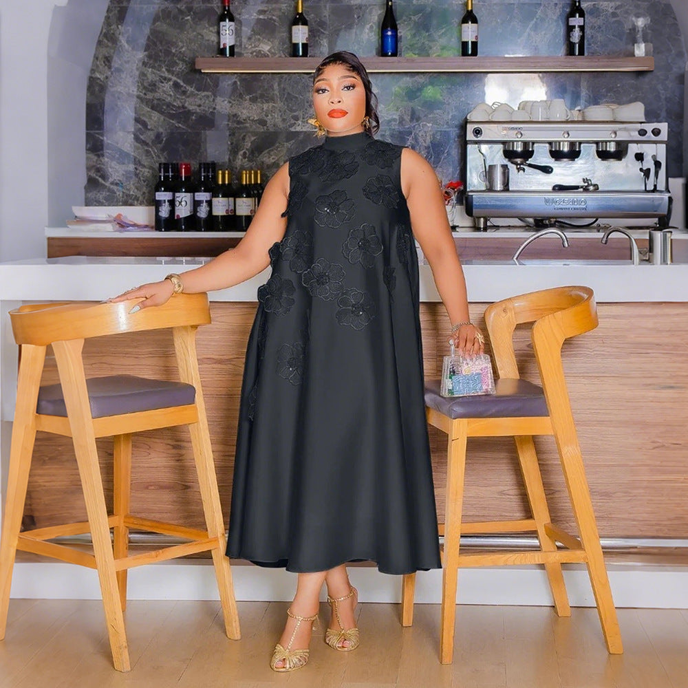 MB1215 Satin Sleeveless Midi Dress with 3D Floral Embellishments