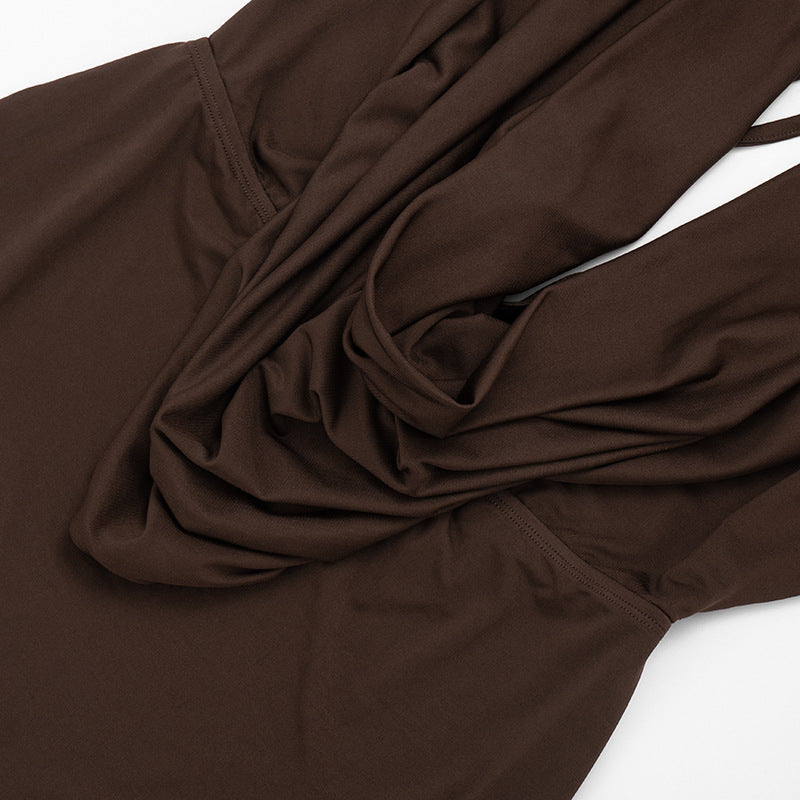 MB10159 Women's Brown Long Sleeve Deep V Neck Bodycon Mini Dress