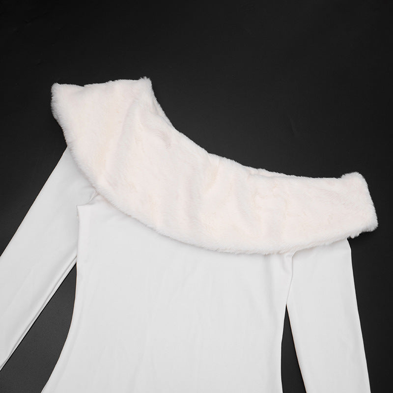 MB1419 White Faux Fur Trim Bodycon Maxi Dress for Women