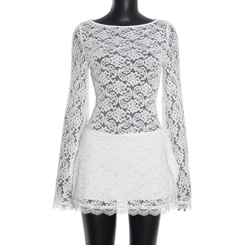 MB1444 White Lace Bell Sleeve Mini Dress