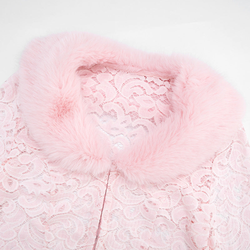 MB10110 Pink Lace Faux Fur Collar Long Sleeve Cropped Top