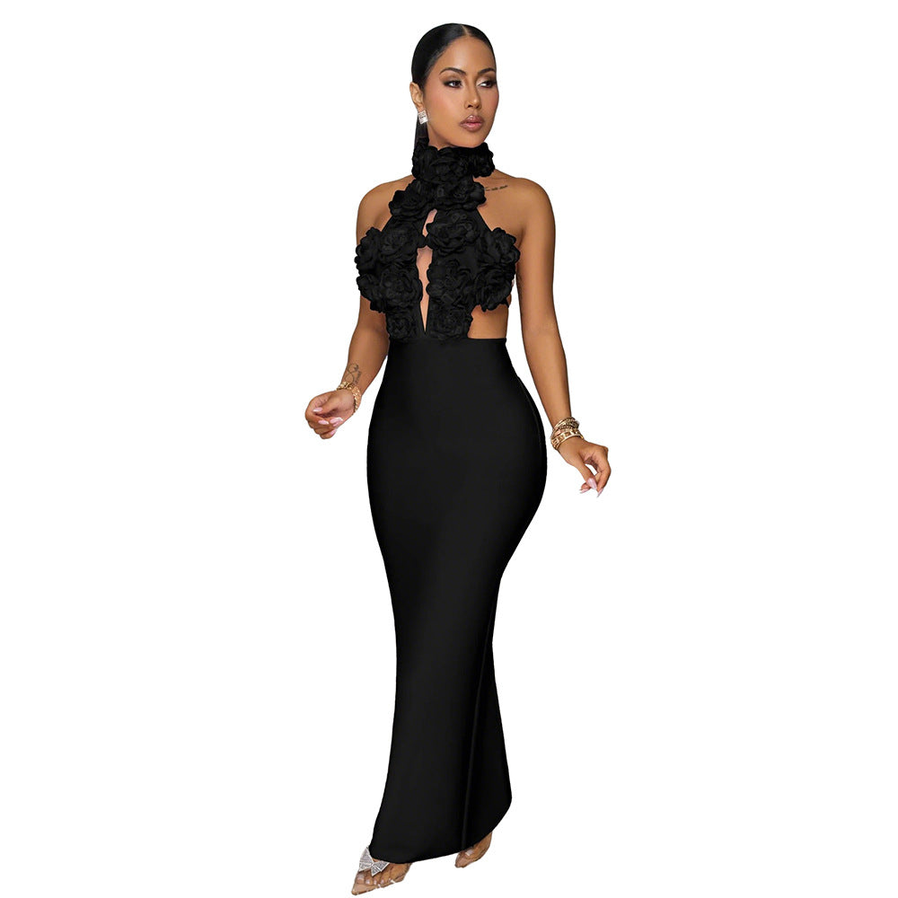 MB1227 Red 3D Floral Applique Halter Maxi Dress | Backless Bodycon Evening Gown