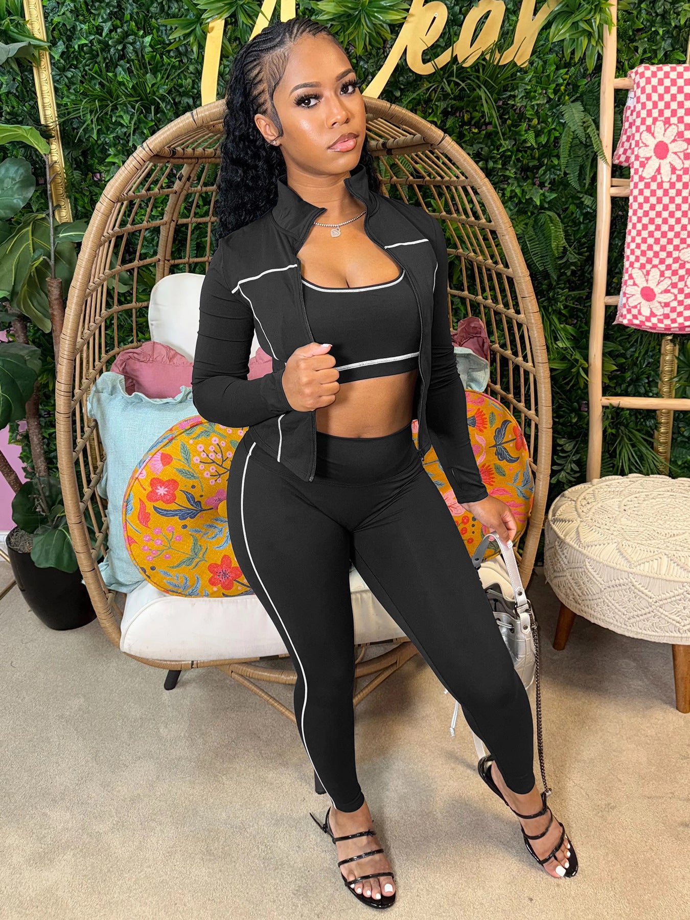 Women's 3-Piece Set: Racerback Crop Tank + Zip-Up Jacket + High-Waisted Leggings