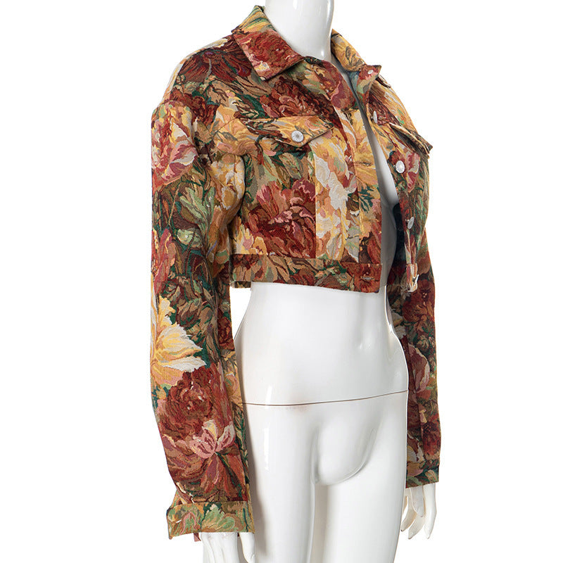 MB10105 Vintage Floral Jacquard Crop Collared Jacket