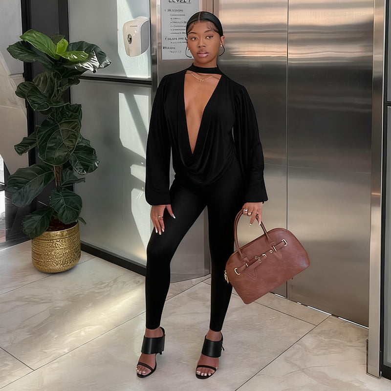 MB10137 Women’s Deep V Long Sleeve Top & Skinny Pants 2-Piece Set