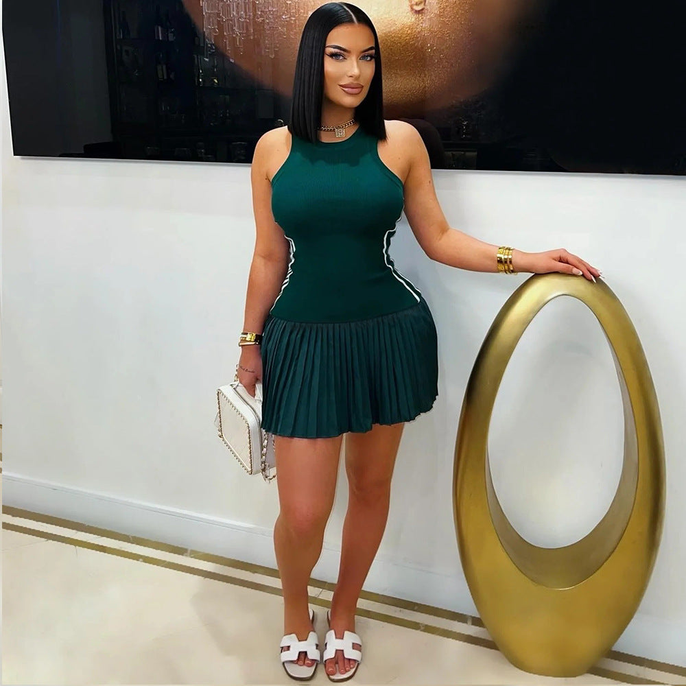 MB1204 Women's Sleeveless Crew Neck Pleated Mini Dress