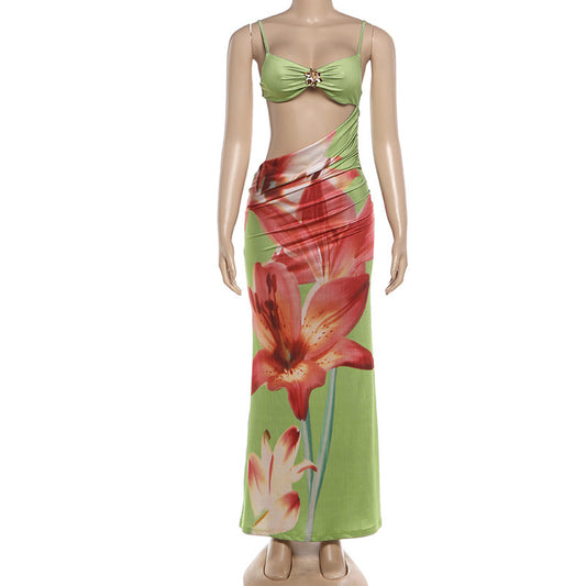 MB1169 Green Lily Print Cut Out Maxi Dress | Spaghetti Strap Backless Bodycon Gown