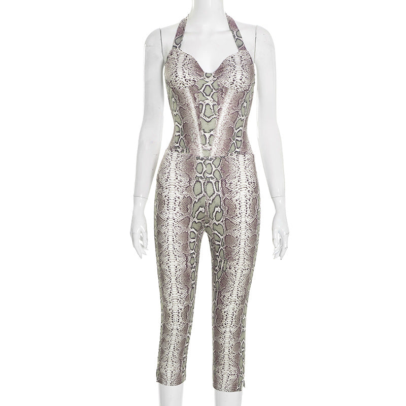 MB1407 Snake Print Halter Capri Jumpsuit for Women