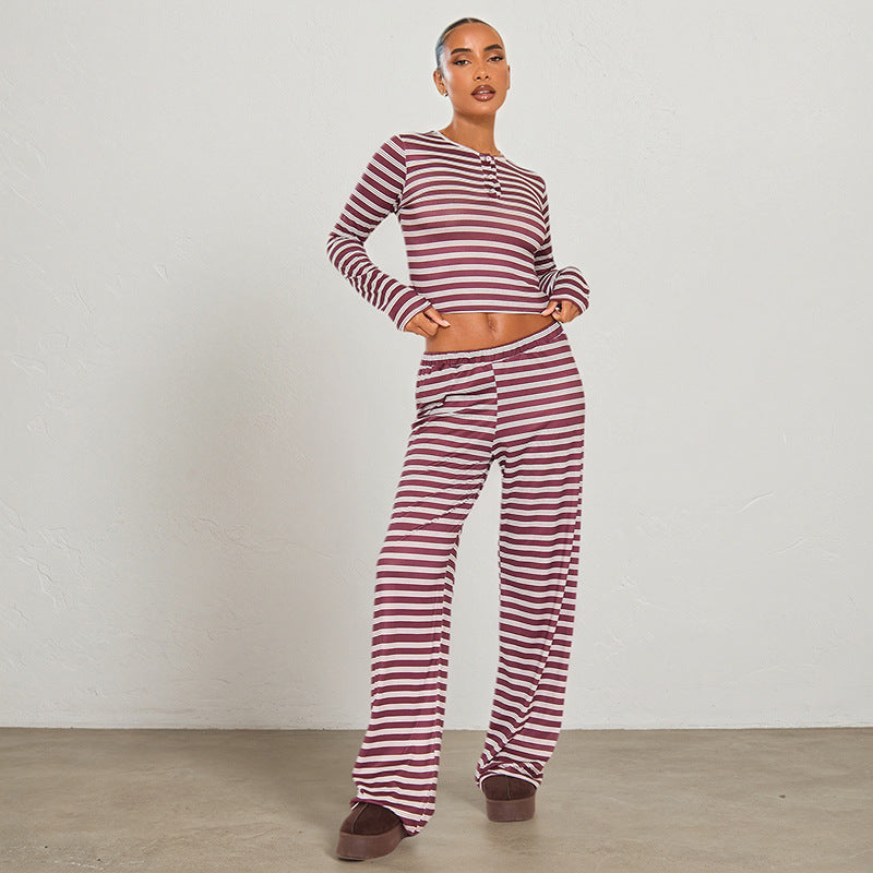 MB1425 Striped Loungewear: Long Sleeve Top + Wide Leg Pants