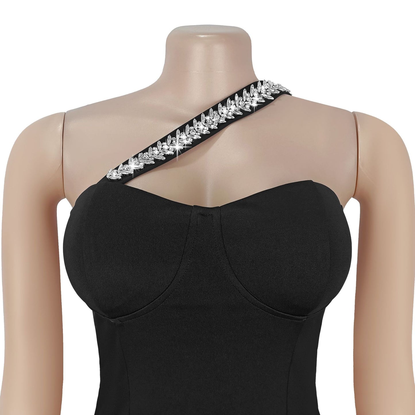 MB1611 Black One-Shoulder Rhinestone Bodycon Dress