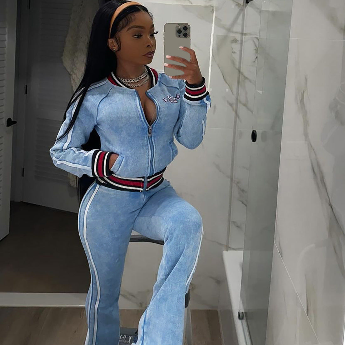 MB1526 Women's Sky Blue Acid Wash Velour 2 Piece Tracksuit