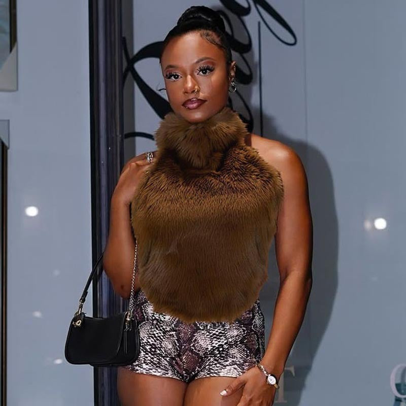 MB1092 Faux Fur Halter Backless Crop Top for Women